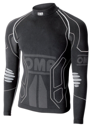 Angled front view of OMP KS Winter-R Shirt showing seamless thermal design and ergonomic stretch zones